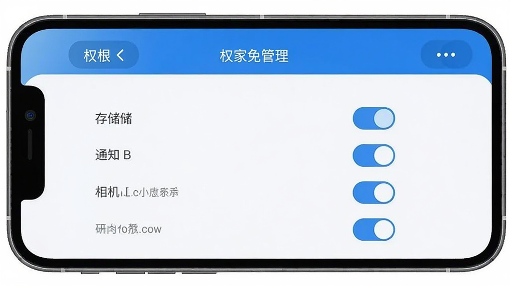 看家监控免费版 手机设置界面 显示权限管理页面 有存储 通知 相机 麦克风等权限开关 界面风格简洁 蓝白配色 扁平化设计 画质清晰 干净 无多余元素
