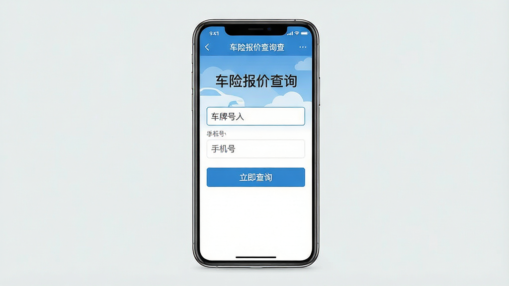 一张手机应用界面截图,画面中央是“车主车险报价查”的APP主界面,顶部显示“车险报价查询”标题,中间有输入车牌号和手机号的输入框,下方是“立即查询”按钮,界面以蓝白配色为主,风格简洁扁平,背景干净无多余元素,画质清晰,文字无乱码