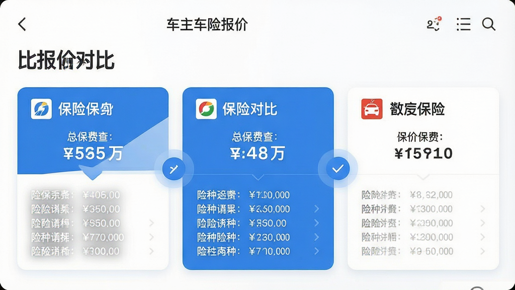 一张手机应用界面截图,画面中显示“车主车险报价查”的比价结果页面,顶部有“报价对比”标题,中间排列着三家保险公司的报价卡片,每张卡片上标注了保险公司名称、总保费金额和险种明细,卡片之间有对比高亮标记,界面风格现代扁平,蓝白配色,布局清晰整齐,画质干净,文字清晰可读