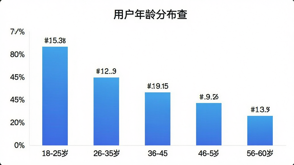 一张柱状图,展示“车主车险报价查”用户年龄分布,横轴标注年龄段18-25岁、26-35岁、36-45岁、46-55岁、56-60岁,纵轴标注用户占比百分比,柱状图颜色为蓝色渐变,图表标题为“用户年龄分布”,背景白色,风格简洁现代,数据标签清晰可见,画质干净