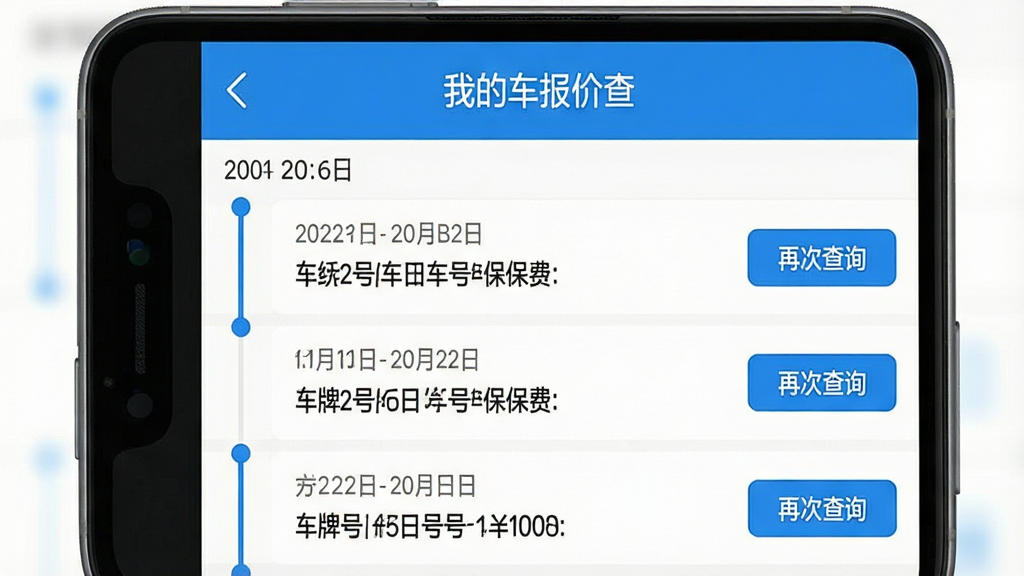 一张手机应用界面截图,画面中显示“车主车险报价查”的报价记录页面,顶部有“我的报价”标题,下方按时间顺序排列着几条历史报价记录,每条记录显示查询日期、车牌号和保费金额,右侧有“再次查询”按钮,界面风格简洁,蓝白配色,布局清晰,画质干净无多余元素
