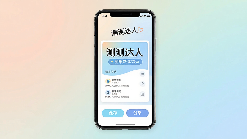 一张展示“测测达人”分享海报生成界面的图片,画面中央是手机屏幕,屏幕上显示一张已经生成好的测评结果海报,海报上有“测测达人”字样和测评结果标题,下方有保存和分享按钮,背景为柔和渐变色,整体风格清新,画质清晰,无多余元素
