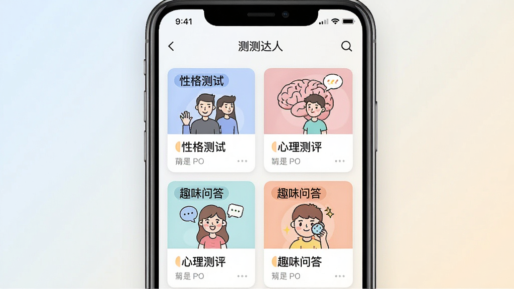 一张“测测达人”软件内测评列表页面的图片,画面主体是手机屏幕,屏幕上排列着多个测评卡片,卡片上带有“性格测试”“心理测评”“趣味问答”等标签和对应插画图标,背景为浅色渐变,排版整齐,风格统一,画质干净,无多余元素,细节清晰