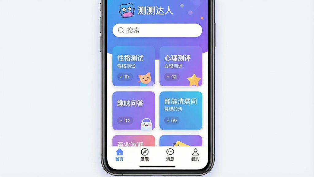 一张展示“测测达人”软件主界面的图片,画面中央是手机屏幕,屏幕内显示“测测达人”APP的首页,布局包含顶部搜索栏、中间各类趣味测评卡片入口,如性格测试、心理测评、趣味问答等,底部为首页、发现、消息、我的四个标签,整体风格清新活泼,色彩以蓝紫渐变为主,画面干净无多余元素,画质清晰,细节圆润,现代扁平化设计