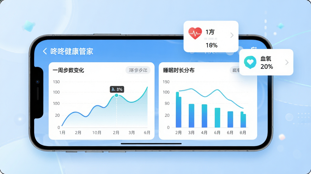 一张AI生成的图片,画面中一部手机横屏展示“咚咚健康管家”App的数据看板界面,屏幕上有折线图展示一周步数变化、柱状图展示睡眠时长分布,旁边悬浮着心率、血氧的小卡片,背景是淡蓝色渐变,整体风格科技感十足但不过度花哨,画质清晰,文字可读,无杂乱元素