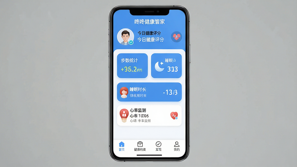一张手机屏幕展示“咚咚健康管家”App的主界面,界面以蓝白色调为主,顶部显示用户头像和今日健康评分,中间卡片式排列步数统计、睡眠时长、心率监测三个模块,底部导航栏有首页、健康档案、发现、我的四个图标,整体风格清爽简洁,图标圆润,画质干净,无多余元素