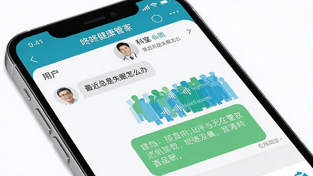 一张AI生成的图片,画面中一部手机展示“咚咚健康管家”App的在线问诊聊天界面,左侧是用户提问“最近总是失眠怎么办”,右侧是医生回复的语音条和文字建议,屏幕上方显示医生头像和科室信息,背景是干净的白色,整体风格专业且亲切,画质清晰,无多余元素