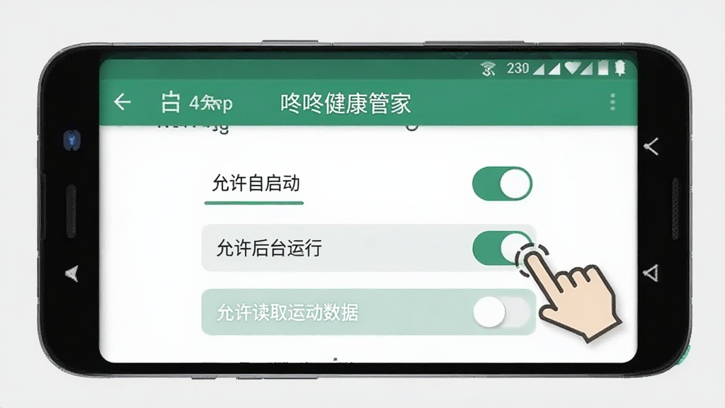 一张AI生成的图片,画面中一部安卓手机展示“咚咚健康管家”App的安装权限设置界面,屏幕上有“允许自启动”“允许后台运行”“允许读取运动数据”三个开关按钮,旁边有一个手指点击开关的图标,背景是浅灰色,风格简洁直观,画质清晰,无多余元素