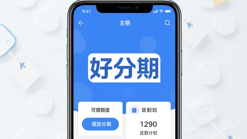 一张手机屏幕展示好分期App主界面的图片,画面中央是“好分期”三个大字的Logo,背景是简洁的蓝白色调,界面上显示着可借额度、借款按钮和还款计划等核心功能模块,布局清晰,风格现代扁平,画质干净明亮,无多余元素