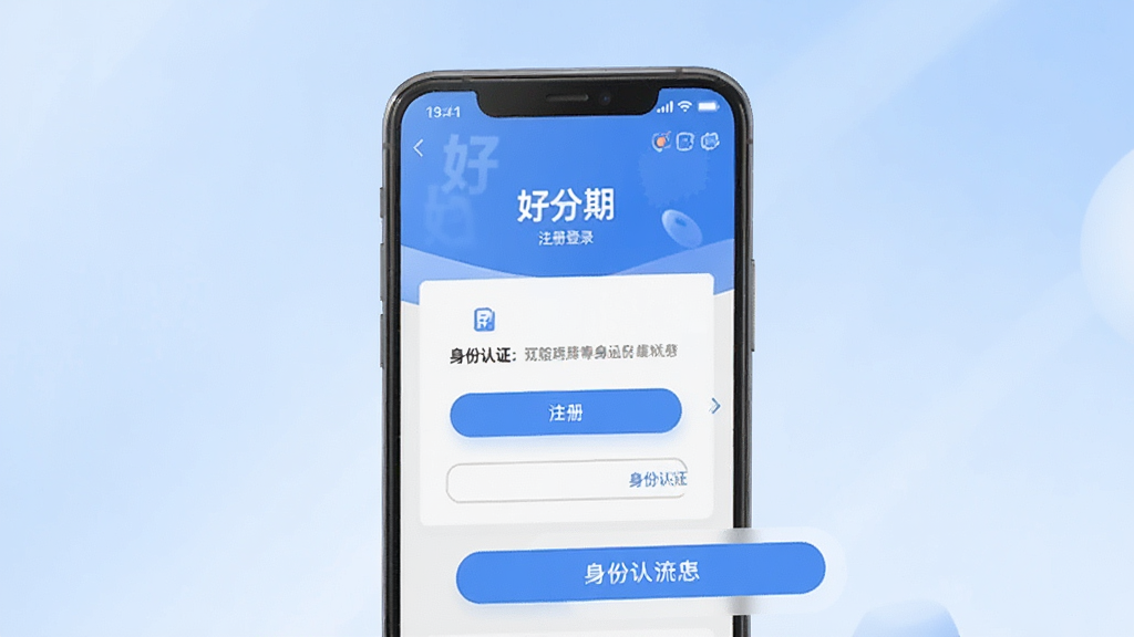 一张展示好分期App借款流程界面的图片,画面中手机屏幕显示着“好分期”的注册登录页面和身份认证步骤,界面简洁,按钮醒目,背景是柔和的蓝色渐变,风格清爽现代,画质干净,无多余元素