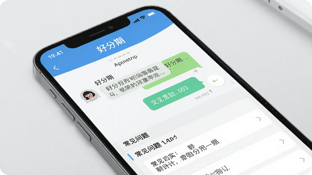 一张展示好分期App客服与帮助中心界面的图片,画面中手机屏幕显示着“好分期”在线客服对话框和常见问题列表,界面布局整洁,文字清晰,背景为浅灰色调,风格专业友好,画质干净,无多余元素