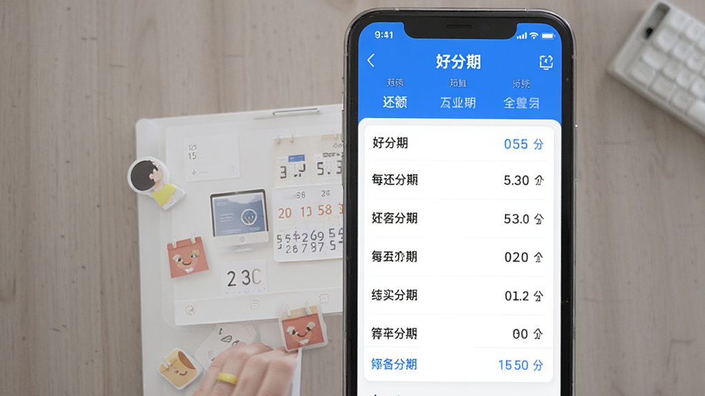 一张展示好分期App还款计划与账单详情界面的图片,画面中手机屏幕显示着“好分期”的还款日历和每期应还金额列表,界面清晰直观,配色以蓝白为主,风格简洁务实,画质干净,无多余元素
