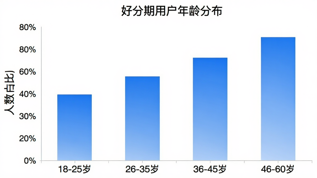 一张柱状图展示好分期用户年龄分布,横轴标注“18-25岁”“26-35岁”“36-45岁”“46-60岁”,纵轴标注人数占比,柱子颜色为蓝色渐变,图表标题为“好分期用户年龄分布”,背景干净简洁,画质清晰,无多余元素