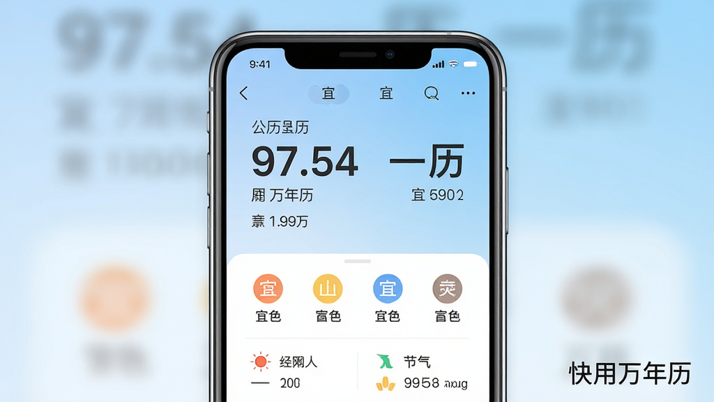 一张手机屏幕展示快用万年历App主界面的图片,画面中央是手机模型,屏幕里显示着大字号的公历日期和农历日期,下方排列着宜忌小图标和节气信息,背景是虚化的浅蓝色渐变,整体风格简约清新,排版干净利落,画质清晰无多余元素,图片中带有“快用万年历”文字标识。