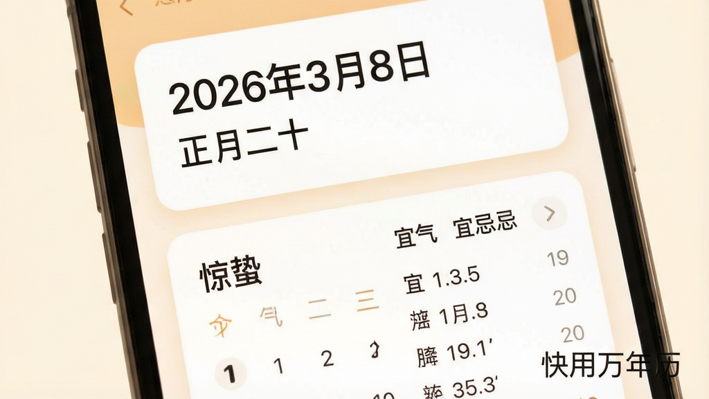 一张展示快用万年历App日历界面的图片,画面主体是手机屏幕,屏幕上半部分显示公历日期“2026年3月8日”和农历“正月二十”,下半部分显示节气“惊蛰”和宜忌列表,背景是柔和的米白色,排版采用卡片式设计,风格温馨自然,画质干净,图片中带有“快用万年历”文字。