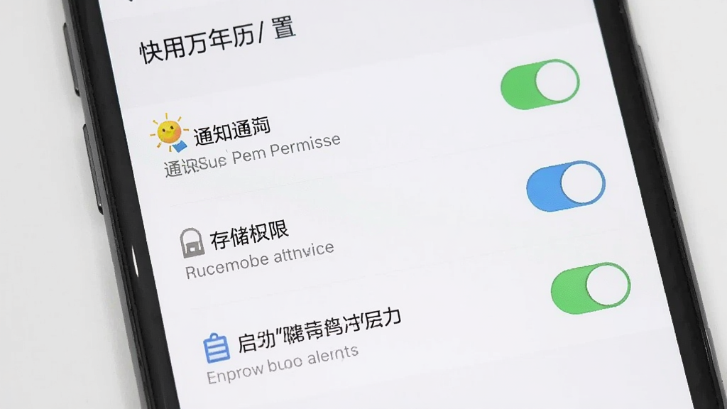 一张手机屏幕上显示快用万年历App设置界面的图片,画面中有通知权限、存储权限、自启动等选项开关,背景是白色,排版采用列表式设计,风格简洁,画质干净,图片中带有“快用万年历”文字。