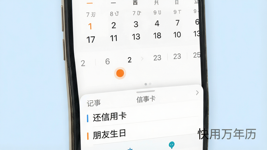 一张展示快用万年历App日程记事功能的图片,手机屏幕显示日历界面,某一天下方有一个橙色小圆点,屏幕下半部分弹出记事详情框,写着“还信用卡”和“朋友生日”,背景是淡蓝色,排版简洁,风格清爽,画质干净,图片中带有“快用万年历”文字。