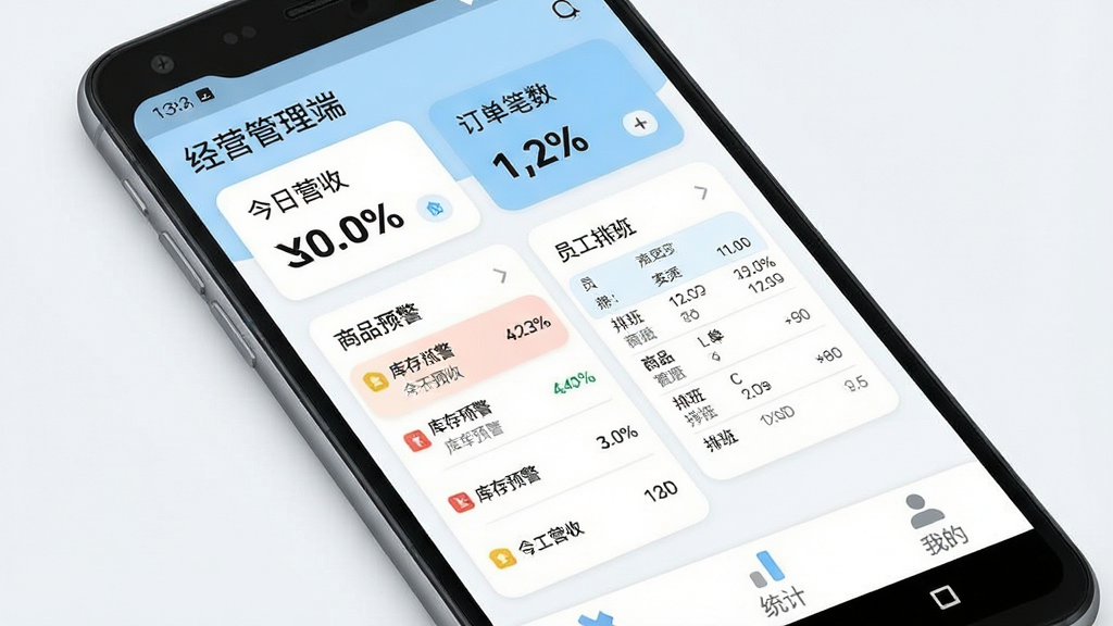 经营管理端手机应用主界面展示,主体为一部安卓手机,屏幕上显示经营管理端的仪表盘页面,布局包含顶部今日营收总额与订单笔数卡片,中部为商品库存预警列表和员工排班简表,底部为账单、统计、我的三个选项卡,排版清晰整齐,风格现代扁平化,细节圆润,画质干净,无多余元素,白色和浅蓝色为主色调,文字使用中文标注“经营管理端”“今日营收”“库存预警”“排班”