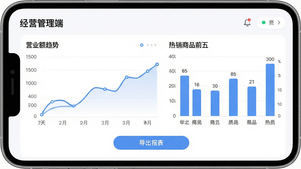 经营管理端数据统计看板界面展示,主体为手机屏幕,屏幕中显示折线图和柱状图组合,折线图展示近7天营业额趋势,柱状图展示热销商品前五名,图表下方有“导出报表”按钮,排版整齐,风格现代扁平,细节圆润,画质干净,无多余元素,背景为白色,文字使用中文标注“经营管理端”“经营看板”“营业额趋势”