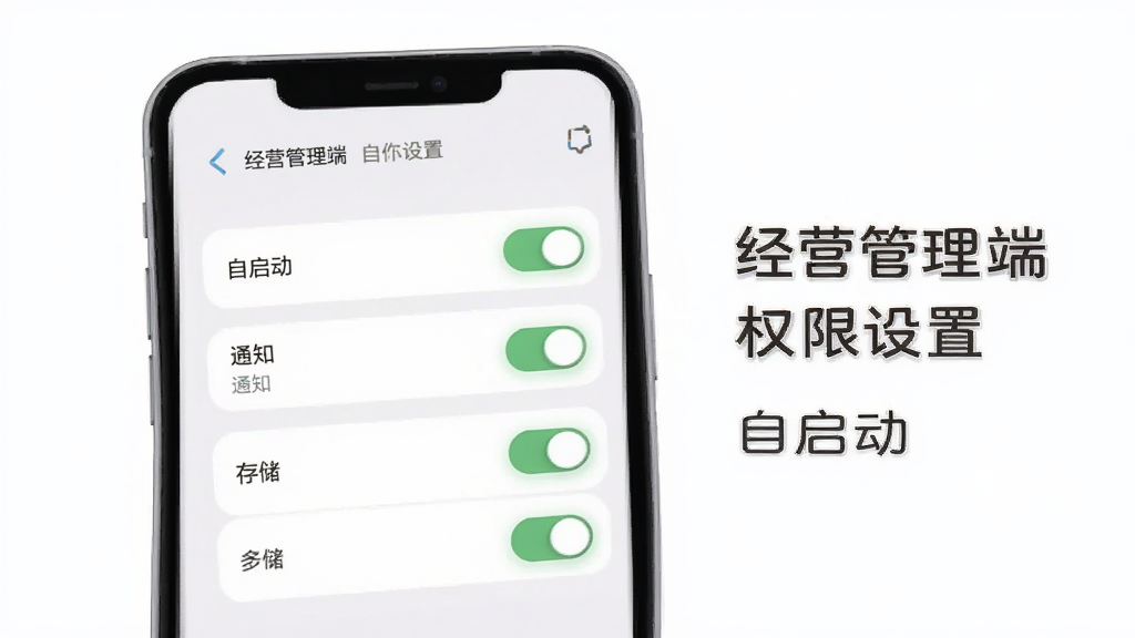 经营管理端安装设置引导界面展示,主体为手机屏幕,屏幕中显示权限设置列表,包含自启动、通知、存储等开关选项,旁边有中文说明文字,排版清晰,风格简洁,细节圆润,画质干净,无多余元素,背景为白色,文字使用中文标注“经营管理端”“权限设置”“自启动”