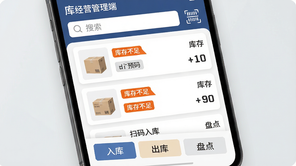 经营管理端库存管理功能界面展示,主体为手机屏幕特写,屏幕中显示商品列表,每个商品旁边有库存数量标签,其中几个商品标有橙色“库存不足”提示,顶部有搜索框和扫码图标,底部有“入库”“出库”“盘点”三个按钮,排版采用卡片式设计,风格简洁商务,细节清晰,画质干净,无多余元素,背景为浅灰色,文字使用中文标注“经营管理端”“库存预警”“扫码入库”