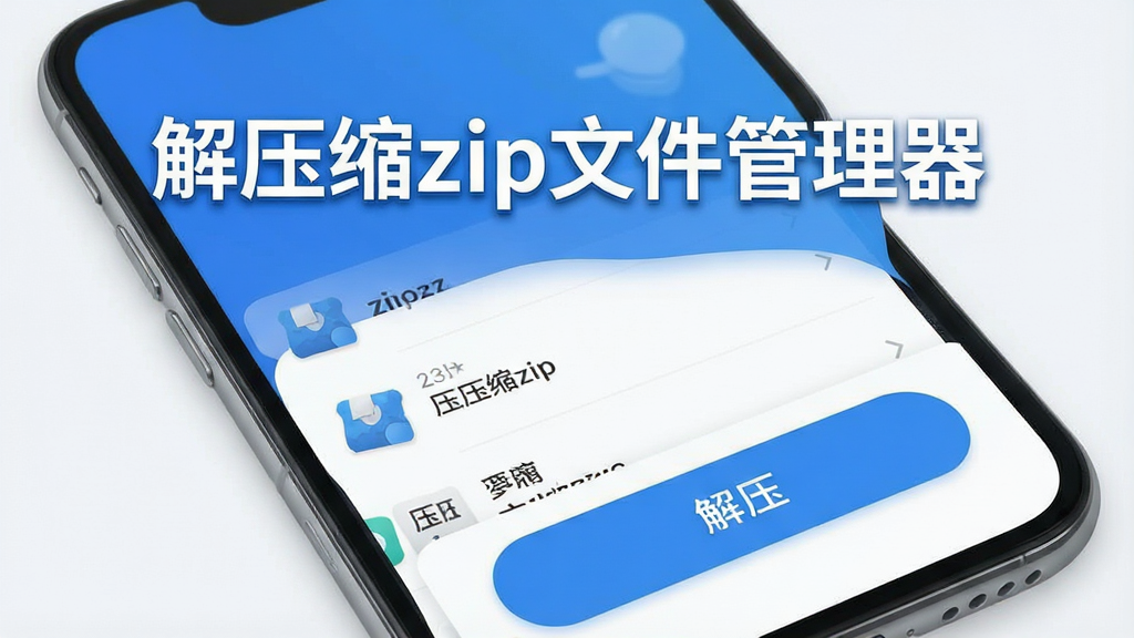 һ���ֻ���Ļչʾ��ѹ��zip�ļ���������Ӧ�������棬�����������������ơ���ѹ��zip�ļ����������Ĵ���⣬�·�������ѹ�����б�����Ŀ�Ľ�ѹ��ť�����岼�ּ������������ִ���ƽ����������ɫΪ����ϸ��Բ��ɾ������ʸ����޶���Ԫ��