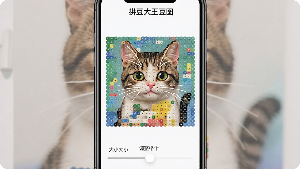 一张展示拼豆大王豆图照片转图纸功能的界面截图,手机屏幕显示一张可爱猫咪照片正在被转换成由彩色方块组成的拼豆图纸,界面底部有调整格子大小的滑动条,屏幕上方有“拼豆大王豆图”文字标识,整体风格简洁现代,画质清晰,无多余元素