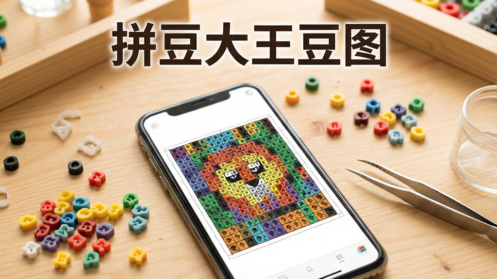 一张展示拼豆大王豆图软件核心功能的宣传图,画面中央是一部智能手机,手机屏幕上显示着一张色彩鲜艳的拼豆图纸,图纸由整齐的彩色方块组成,旁边散落着一些真实的彩色拼豆颗粒和一个镊子,背景是温馨的手工桌面,有木质纹理,整体风格清新明亮,细节丰富,画质干净,无多余元素,图片上方有文字“拼豆大王豆图”