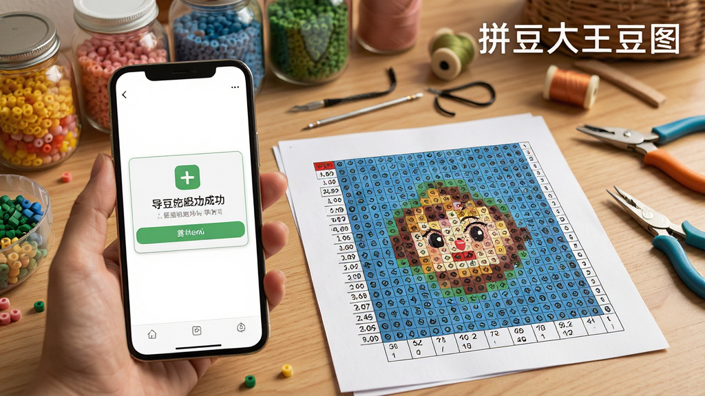 一张展示拼豆大王豆图图纸导出功能的场景图,手机屏幕显示图纸导出成功的提示,旁边有一张打印出来的拼豆图纸放在桌面上,图纸上格子清晰,色号标注明确,背景是手工爱好者的工作台,有彩色拼豆罐和工具,风格写实温馨,画质干净,图片中有“拼豆大王豆图”文字