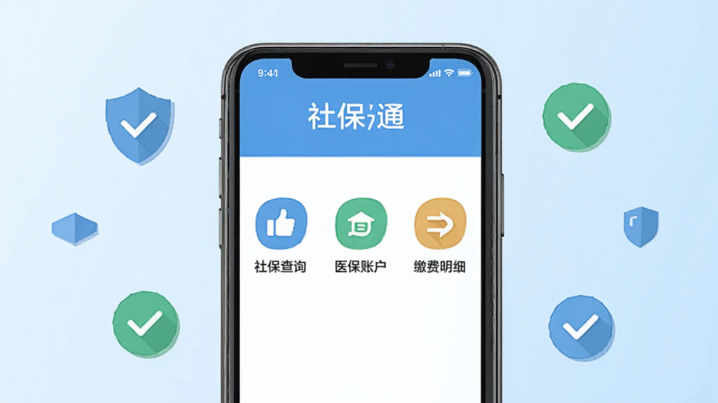 社保通应用主界面展示,画面中央是一部智能手机,屏幕显示社保通APP的首页,包含社保查询、医保账户、缴费明细三个主要功能入口图标,背景是干净的浅蓝色渐变,周围环绕着盾牌、对勾等象征安全和便捷的小图标,整体风格清新现代,扁平化设计,画质干净清晰无多余元素