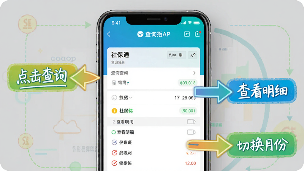 社保通新手操作指引示意图,画面中手机屏幕显示社保通APP的查询结果页面,旁边有箭头和文字标注提示「点击查询」「查看明细」「切换月份」,整体以信息图表风格呈现,颜色鲜明但不过于花哨,背景干净,画质清晰无杂乱元素