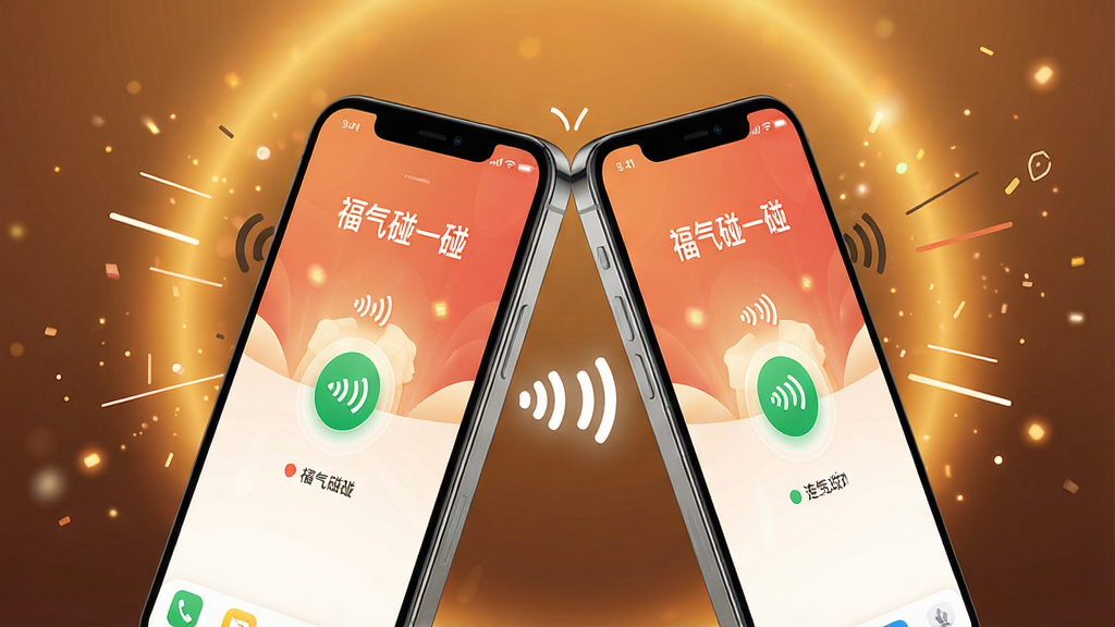 一张展示手机NFC碰一碰交互场景的图片,画面中央两部智能手机背靠背轻轻触碰,手机屏幕亮起显示“福气碰一碰”应用界面,界面呈现连接成功的动画效果,背景是温馨的暖色调光晕,周围点缀着简约的线条和粒子特效,整体风格现代科技感与生活化结合,画质清晰干净,无多余元素