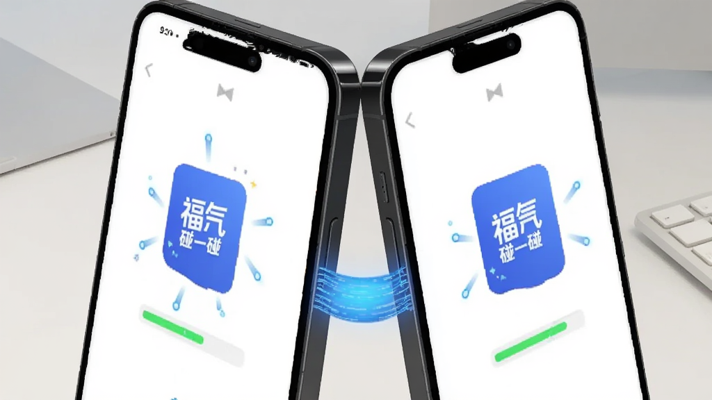 画面展示两部手机背靠背贴合,中间有蓝色的数据流光线连接,手机屏幕显示文件传输进度条和“福气碰一碰”的logo,背景是简约的浅色桌面环境,风格扁平化科技感,画质干净无多余元素