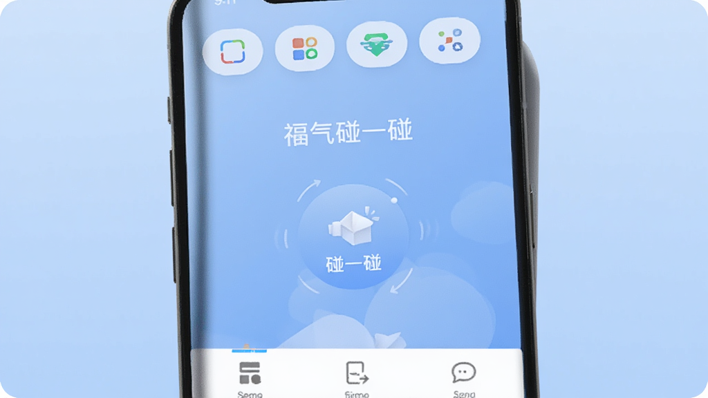手机屏幕特写,显示“福气碰一碰”的简洁主界面,顶部是功能图标,中间是碰一碰的动画按钮,底部是菜单栏,整个界面没有任何广告横幅和弹窗,背景是柔和的渐变蓝色,风格极简现代,画质干净无多余元素