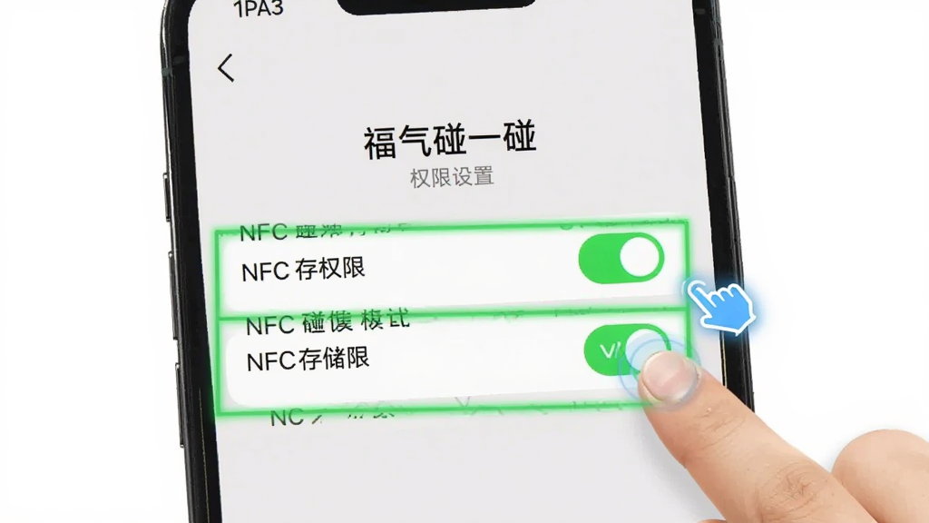 手机屏幕显示“福气碰一碰”的权限设置页面,NFC和存储权限被高亮标注为绿色开启状态,旁边有手指点击的动画,背景是简洁的设置界面风格,画质清晰干净无多余元素
