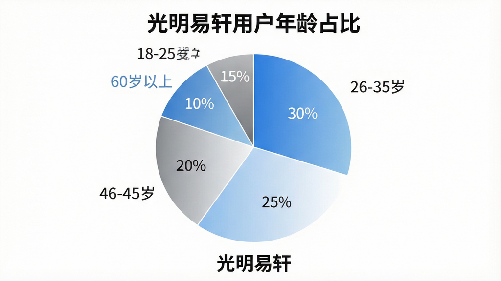 一张展示光明易轩用户年龄分布的饼状图,图表标题为“光明易轩用户年龄占比”,饼图分为五个区块,分别标注18-25岁占15%、26-35岁占30%、36-45岁占25%、46-60岁占20%、60岁以上占10%,配色使用蓝白灰渐变色系,图表下方带有“光明易轩”文字标识,背景干净,画质清晰,无多余元素