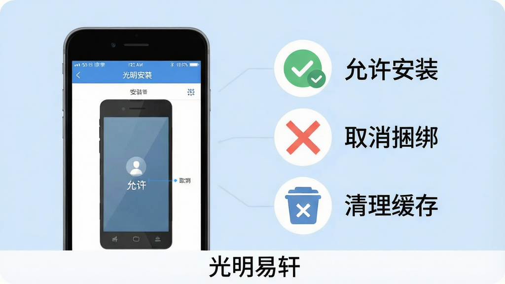一张展示光明易轩安装注意事项的图解,画面左侧是一部手机显示安装界面,右侧用简洁的图标和文字标注“允许安装”“取消捆绑”“清理缓存”等提示,背景为柔和的浅蓝色,风格扁平化信息图,画质干净,无多余元素,图片下方带有“光明易轩”字样
