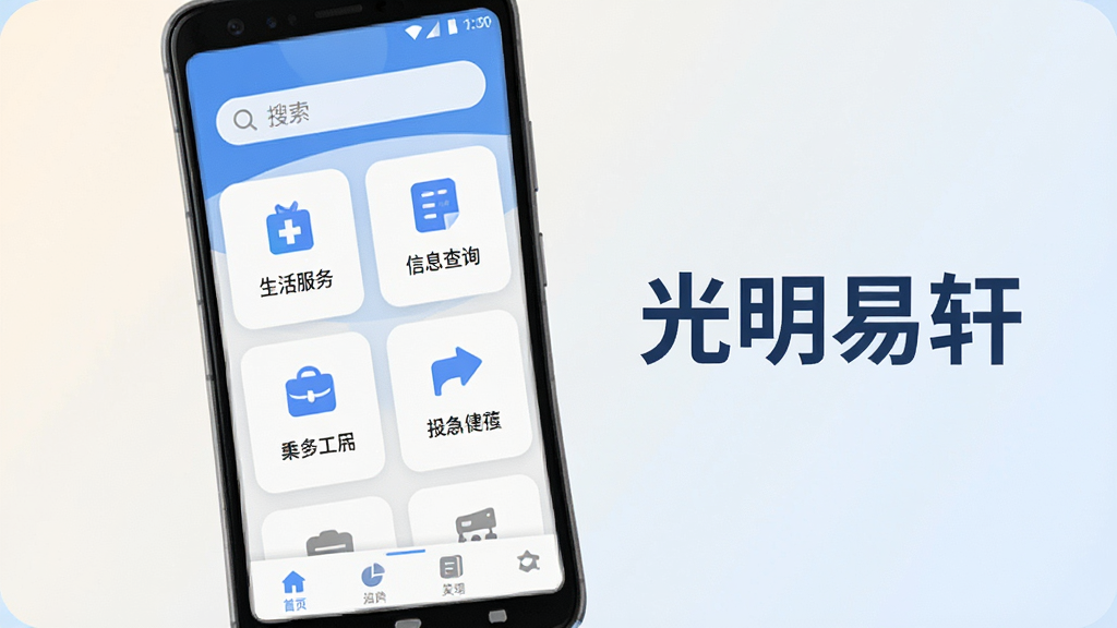 一张展现光明易轩App整体界面风格的宣传图,主体为一部安卓手机,屏幕上显示光明易轩的主页,布局简洁,顶部有搜索栏,中间是功能卡片式排列,包含生活服务、信息查询等图标,底部为导航栏,整体配色以蓝白为主,风格现代扁平,细节圆润,画质干净清晰,无多余元素,背景为浅色渐变,图片中带有“光明易轩”文字标识