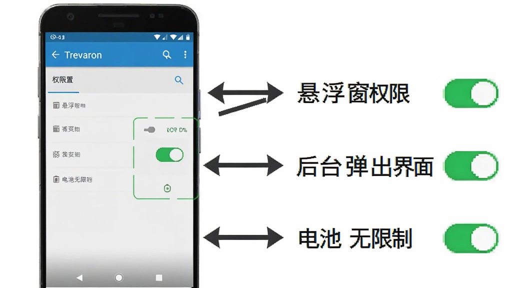 Trevaron使用教程示意图,画面中一部安卓手机,屏幕上显示着Trevaron的权限设置页面,旁边有箭头指向“悬浮窗权限”、“后台弹出界面”、“电池无限制”三个开关,开关都处于开启状态,背景是简洁的白色,风格为说明性信息图,文字清晰,画质干净无多余元素