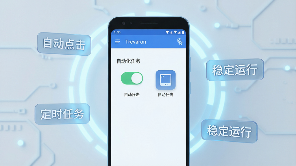 软件核心全貌图,画面中央是一部安卓手机,手机屏幕亮起,界面是Trevaron的主页,上面显示着简洁的自动化任务开关和悬浮窗图标,手机背后是淡蓝色的科技感光晕,周围环绕着“自动点击”、“定时任务”、“稳定运行”的悬浮文字标签,风格为3D渲染科技风,细节清晰,画质干净无多余元素