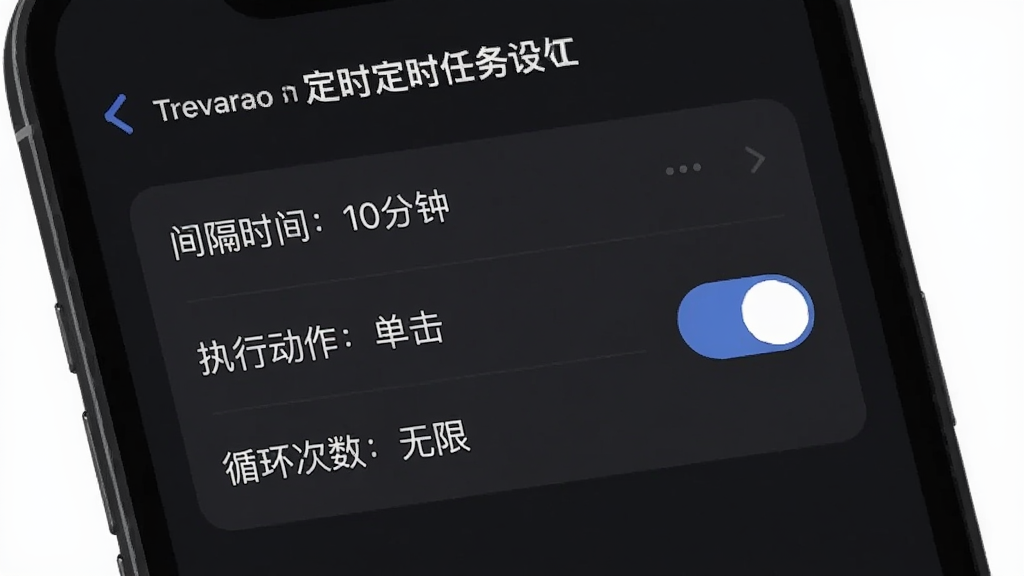 Trevaron定时任务设置界面,画面中手机屏幕显示一个列表,上面有“间隔时间:10分钟”、“执行动作:单击”、“循环次数:无限”等设置项,旁边有一个醒目的开关按钮,背景是深色模式,风格为现代扁平化设计,文字清晰,画质干净无多余元素