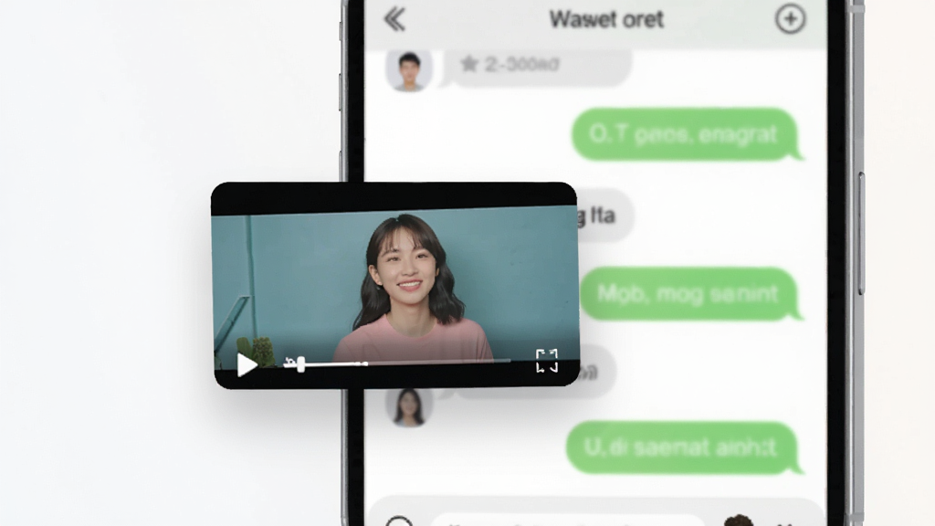 WatchAll悬浮小窗播放功能展示,画面中手机屏幕上有小窗口正在播放视频,背景是聊天界面,主体为手机和悬浮窗,布局层次分明,排版简洁,风格现代扁平,细节圆润,画质干净,无多余元素