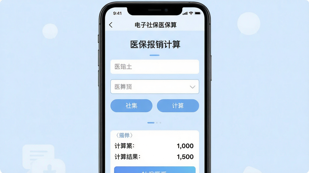一张手机界面截图,画面展示“电子社保医保算”App的医保计算功能页面,页面上方写着“医保报销计算”,中间有输入框和选项按钮,下方有计算结果展示区域,背景是柔和的浅蓝色,界面布局清晰,文字标签明确,风格现代扁平,画质干净无多余元素。