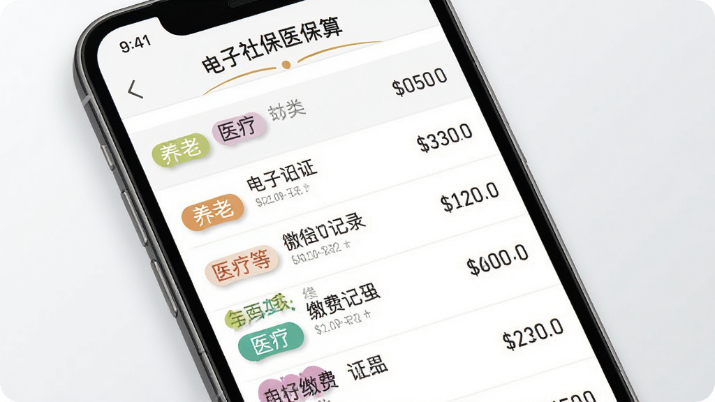 一张手机应用功能展示图,画面中手机屏幕显示“电子社保医保算”的缴费明细页面,列表形式展示每月缴费记录,有养老、医疗等分类标签,背景是白色和浅灰色搭配,界面干净整洁,文字清晰可读,整体风格简约实用,画质清晰。
