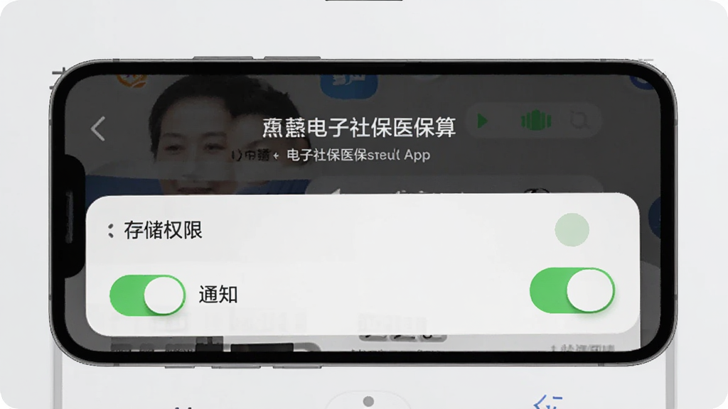 一张手机操作示意图,画面展示“电子社保医保算”App的权限设置界面,有存储权限和通知权限的开关按钮,背景是浅灰色,界面布局清晰,文字说明详细,风格简洁现代,画质干净无多余元素。