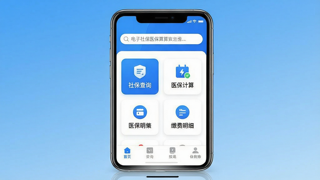 一张手机应用界面展示图,画面中央是手机屏幕,屏幕上显示着一款名为“电子社保医保算”的App主界面,界面以蓝白配色为主,顶部有搜索框,中间有社保查询、医保计算、缴费明细等醒目的功能图标,底部有导航栏,背景是干净清爽的渐变蓝色,整体风格简洁现代,画质清晰明亮,无多余元素。