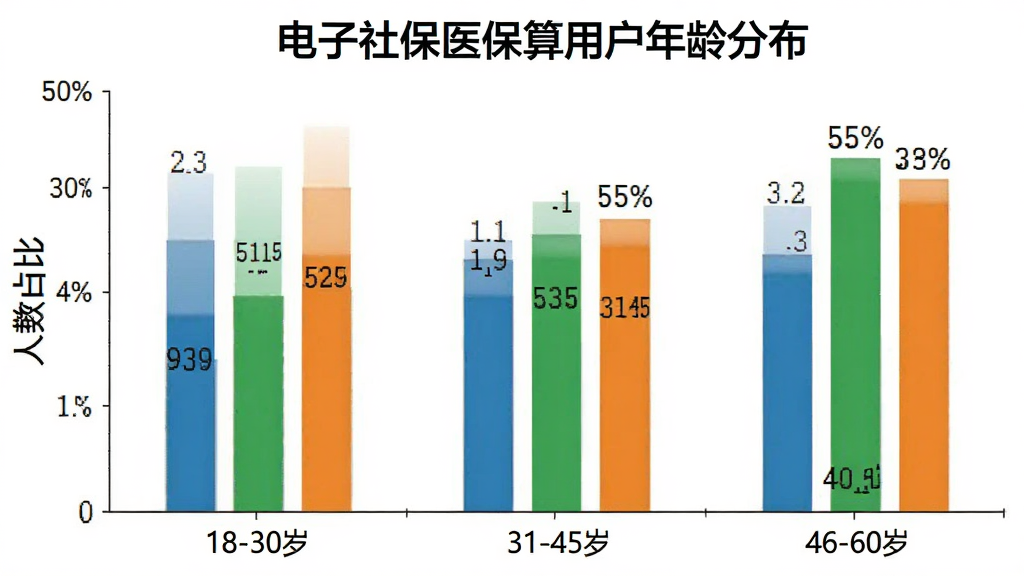 一张柱状图,标题为“电子社保医保算用户年龄分布”,横轴标注年龄段:18-30岁、31-45岁、46-60岁,纵轴标注人数占比,柱状图颜色分别为蓝色、绿色、橙色,背景干净,数据标签清晰,风格简洁专业,画质清晰。