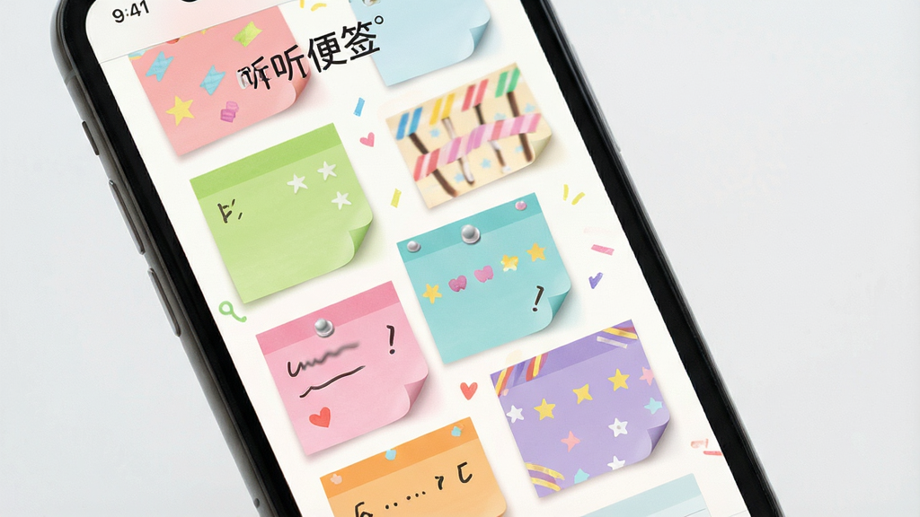 一张展示“听听便签”主题换肤功能的图片,主体是手机屏幕显示不同颜色的便签卡片,布局错落有致,风格清新活泼,细节精致,画质干净无多余元素