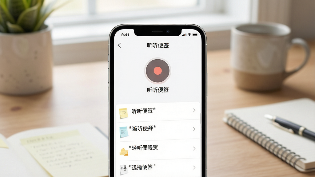 一张展示“听听便签”应用核心界面的图片,主体是一个简洁的手机屏幕,屏幕中央是“听听便签”的录音按钮和文字记录列表,布局清晰,背景是柔和的书桌场景,风格现代简约,细节精致,画质干净无多余元素