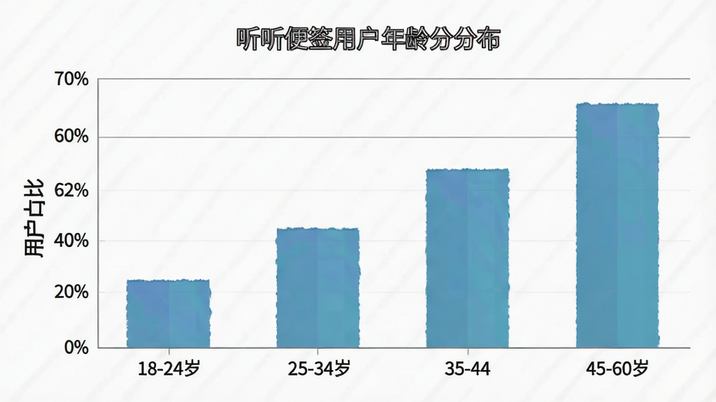 一张展示“听听便签”用户年龄分布柱状图的图片,主体是柱状图,横轴标注18-24岁、25-34岁、35-44岁、45-60岁,纵轴标注用户占比,布局清晰,风格商务简约,细节准确,画质干净无多余元素
